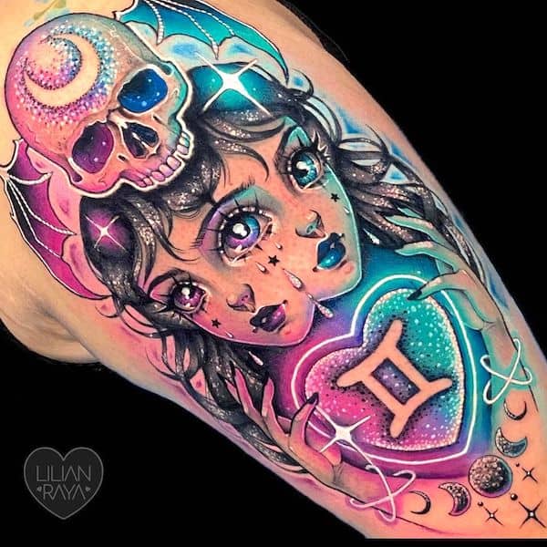 A stunning full sleeve astrology tattoo for Gemini by @lilianraya - Gorgeous Gemini tattoos for women 