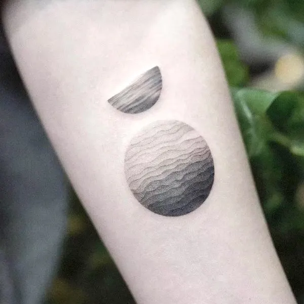 A black and white Mercury tattoo on the forearm by @uni_tattoo-Virgo sign symbol and constellation tattoos