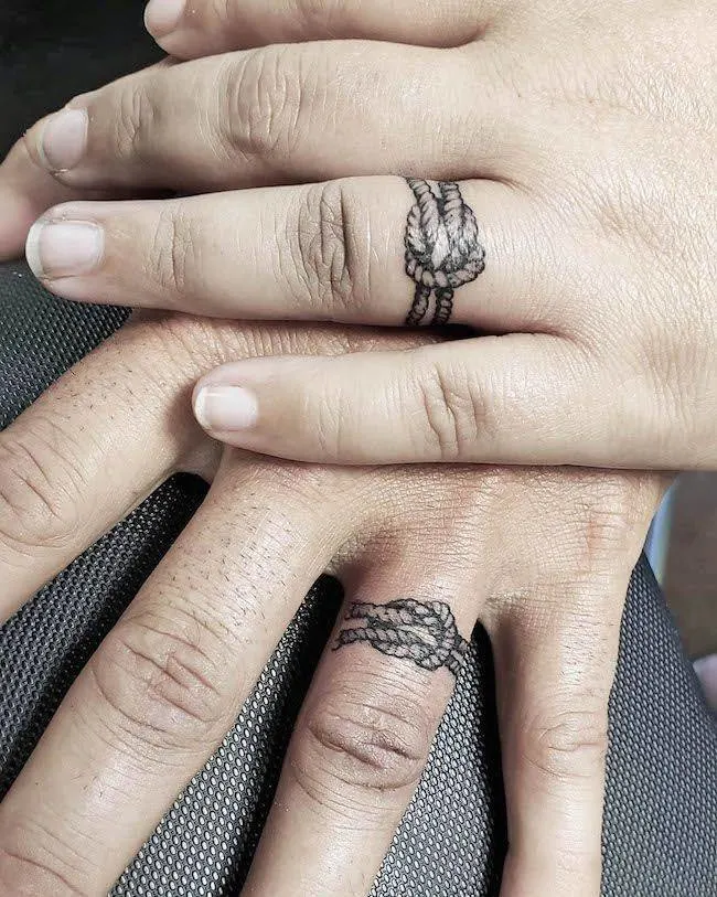 Tie the knot couple tattoos by @dominickdtattoos - Matching finger tattoos for couples