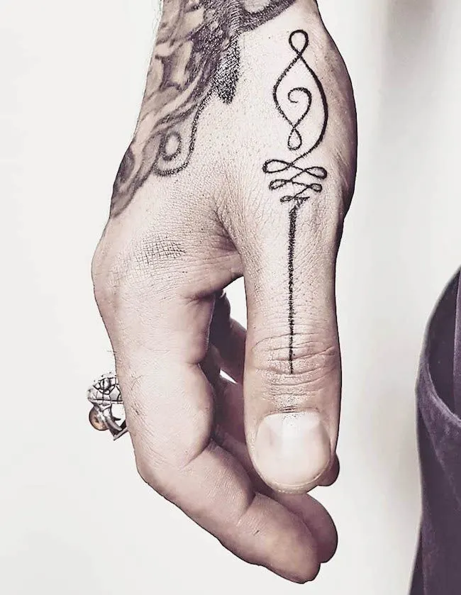 A unalome thumb tattoo for men by @gayatree.talisman.tattoo- Creative thumb tattoos