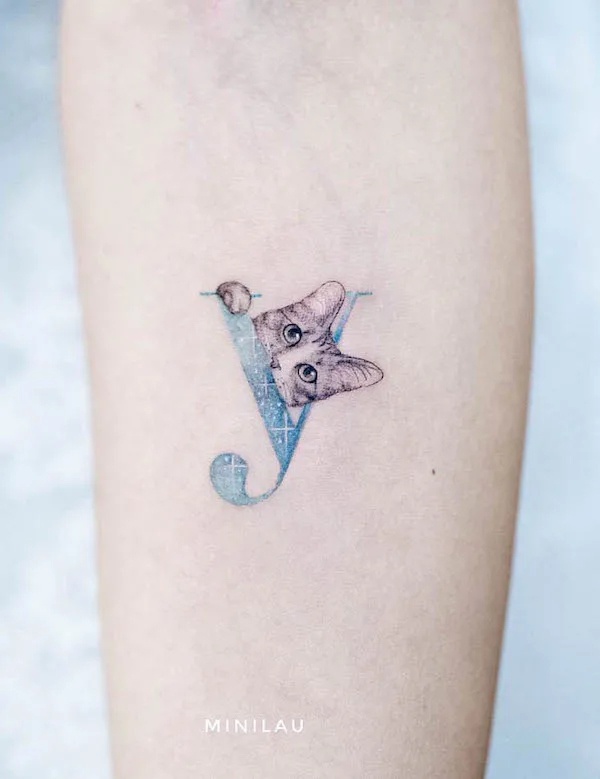 A letter Y with an adorable kitty by @mini_tattooer - Minimalist tattoos for cat lovers