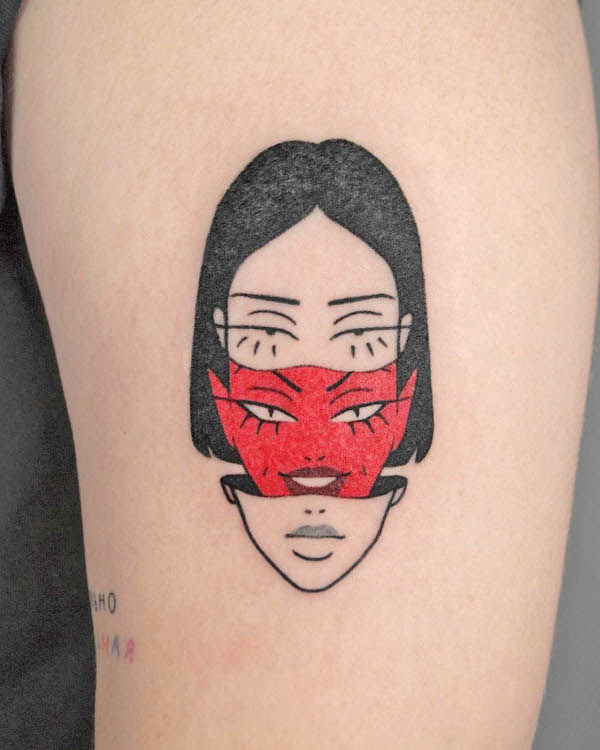 The devil underneath - a duo color sleeve tattoo by @elena.noire