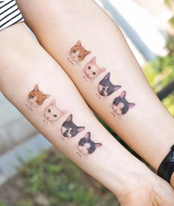 Matching inner forearm tattoos for cat lovers by @soltattoo- Unique and cute tattoos for cat lovers