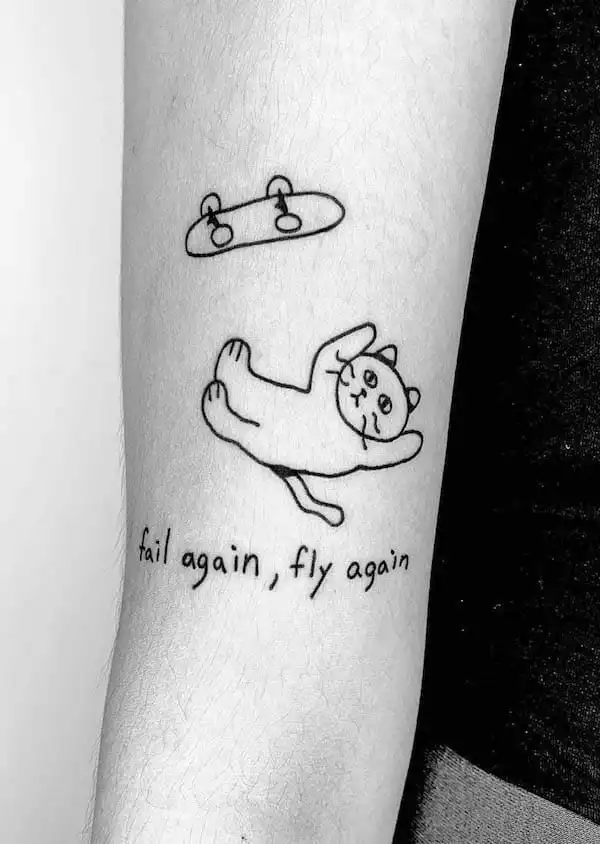 Skating cat tattoo by @tattooistyuan- Unique and cute tattoos for cat lovers