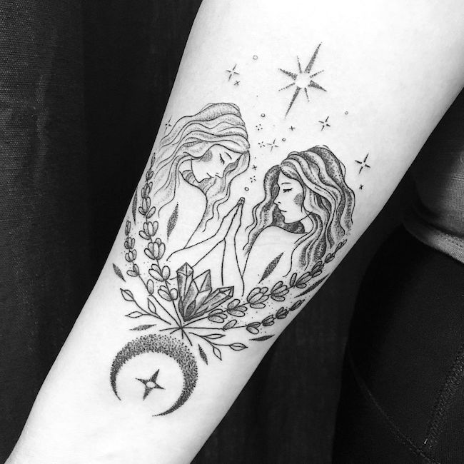 The twin goddess arm tattoo by @miso.inked - Gorgeous Gemini tattoos for women 