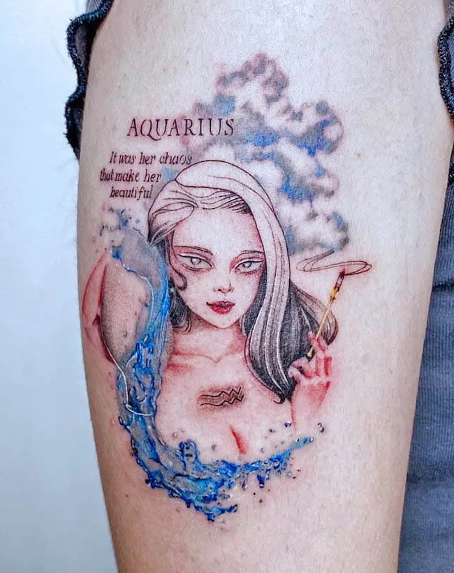 A watercolor goddess tattoo for Aquarius women by @pinclaw.tattoo