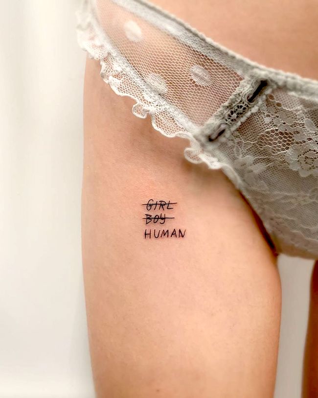 Human- tiny word tattoo on the thigh by @zombietears