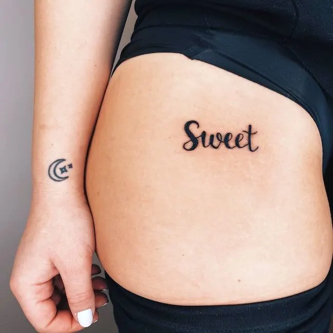 Sweet - script tattoo by @skattytattys