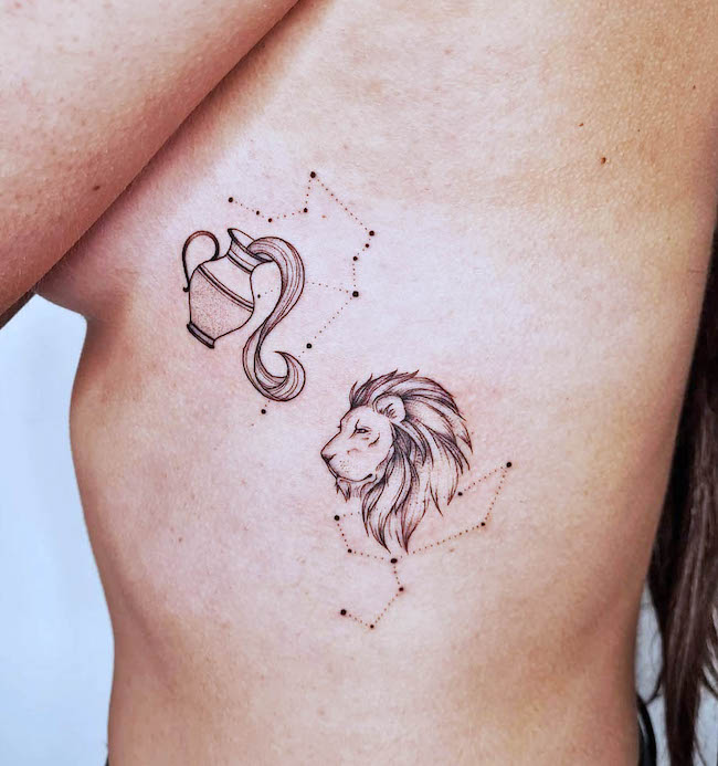 A Leo-Aquarius rib tattoo by @flami.art