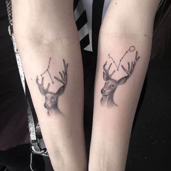Matching astrology deer tattoos by @@inkredibletattoos