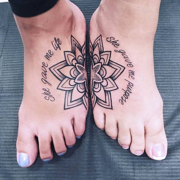 Matching mandala foot tattoos by @itschels_e