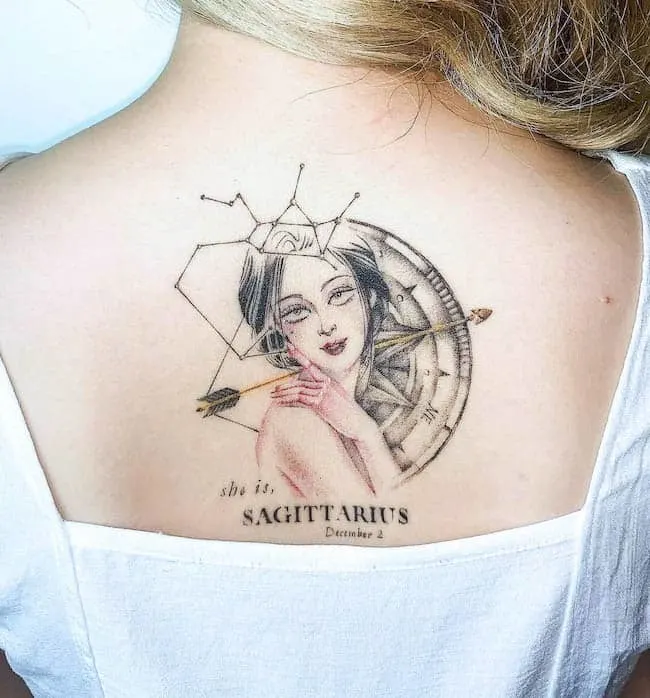 A detailed archer and compass tattoo for Sagittarius women by @pinclaw.tattoo