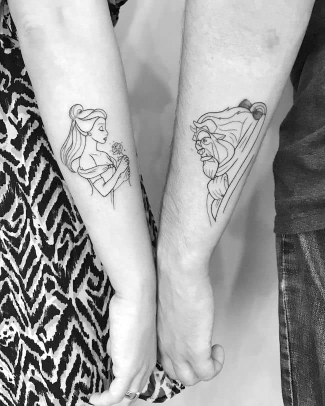 Tatuaggio La Bella e la Bestia di @viburnum_tattoo - Tatuaggi di personaggi classici dei cartoni animati Disney