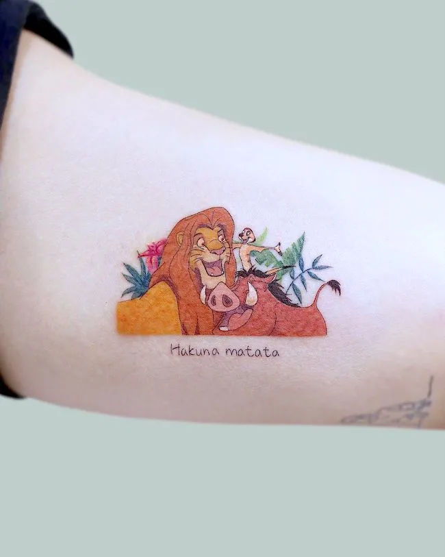 Timon Pumbaa and Simba - The Lion King friendship tattoo by @tattoo.pencil- Classic Disney Cartoon Character Tattoos