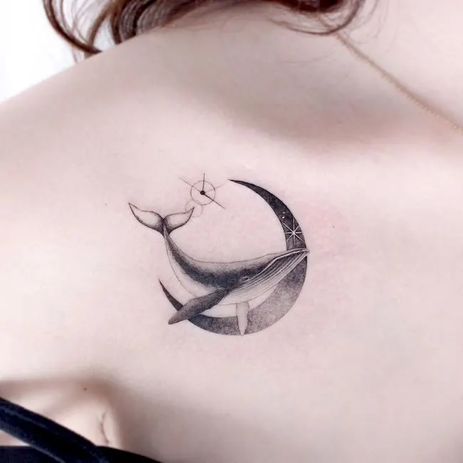 Whale and new moon by @greem.tattoo