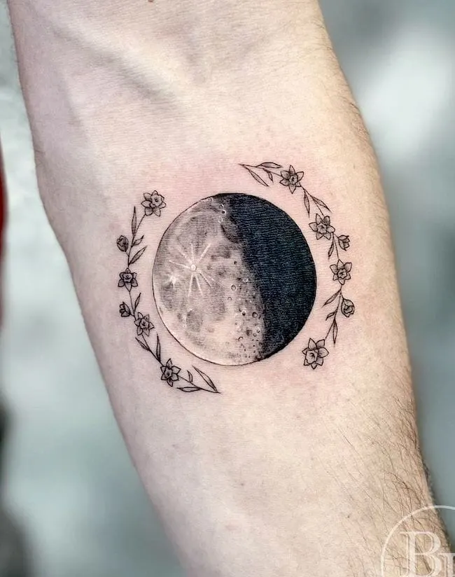 bright side and dark side moon tattoo by @brenna.eagan