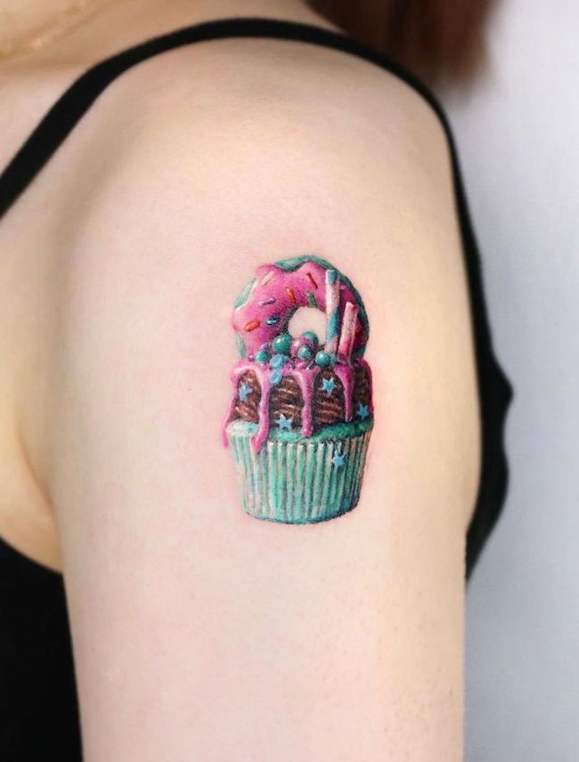 Donut cupcake tattoo by @harry_color- Mouth-watering Food Tattoos That Will Make You Hungry