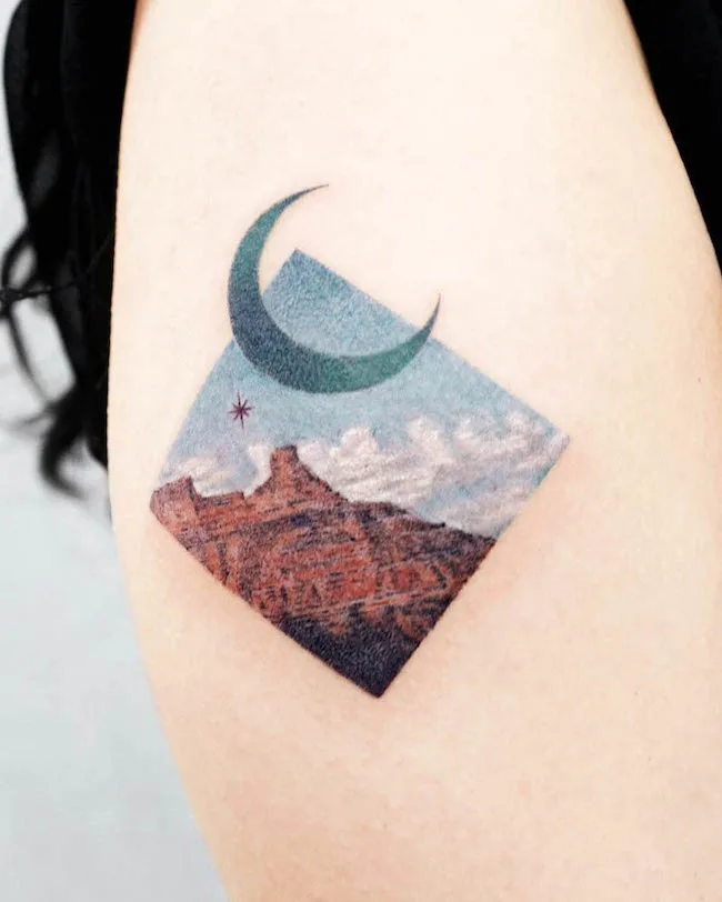 A landscape tattoo inspired by Thelma Louise by @tattooist_basil