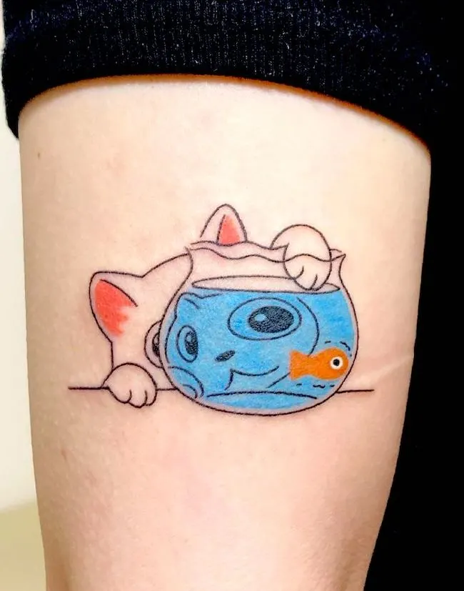 The fish catcher cute cat tattoo by @buoythefishlover