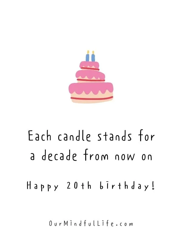 Each candle stands for a decade from now on. Happy 20th birthday! - happy 20th birthday quotes for friends