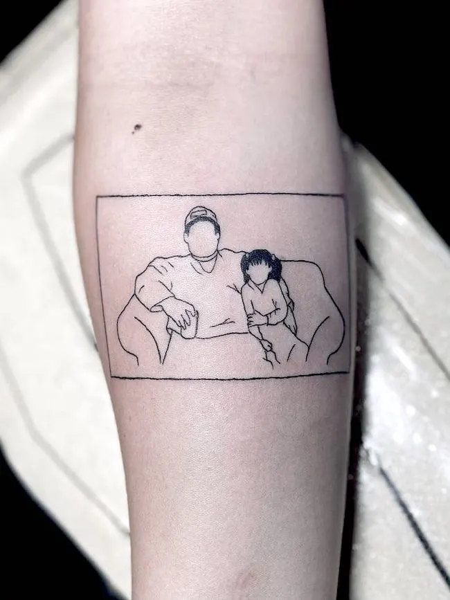 Family photo tattoo of father and daughter by @melisssa.ink