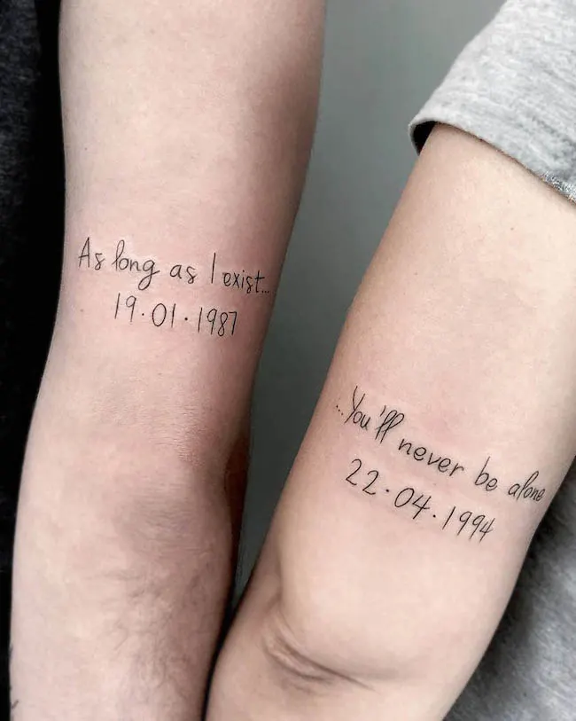 Matching family quote tattoos by @karinetattoo