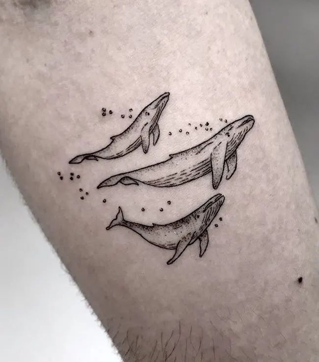 Whales family tattoo by @xime.lizarazutattoo