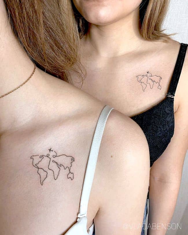 World map tattoo for best friends by @vladabenson