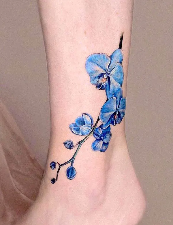 Blue realism orchid tattoo by @sunnchic