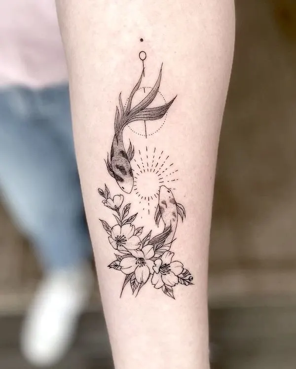 Cherry blossom and fish tattoo by @amberstarrartistry- Cherry blossom flower tattoos with meaning