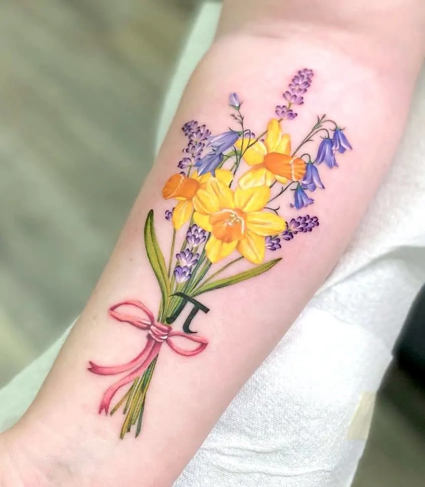 Daffodil bluebell and lavender tattoo by @bycamilaconti