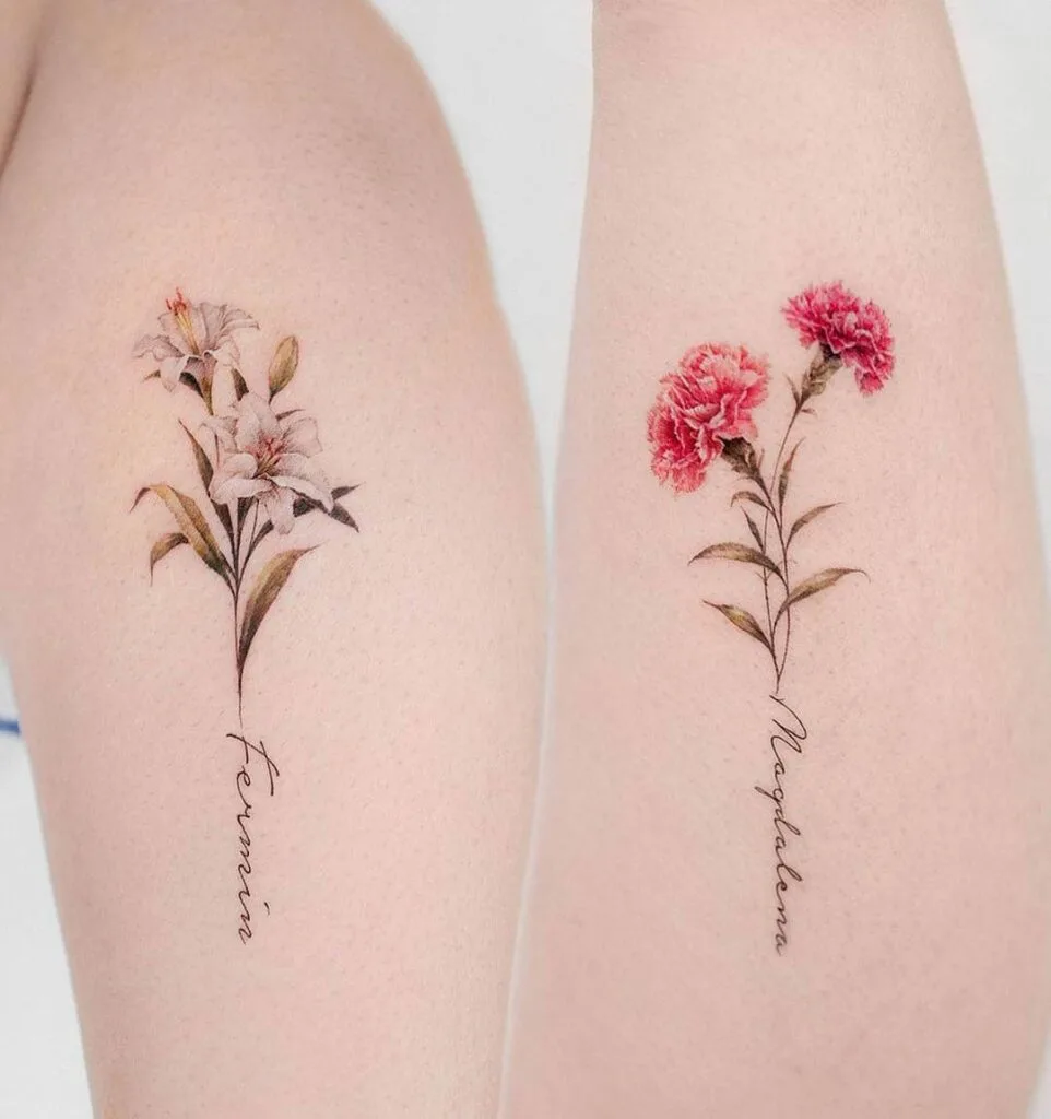 Lily and carnation matching flower tattoos with names by @donghwa_tattoo - Lily flower tattoos with meaning