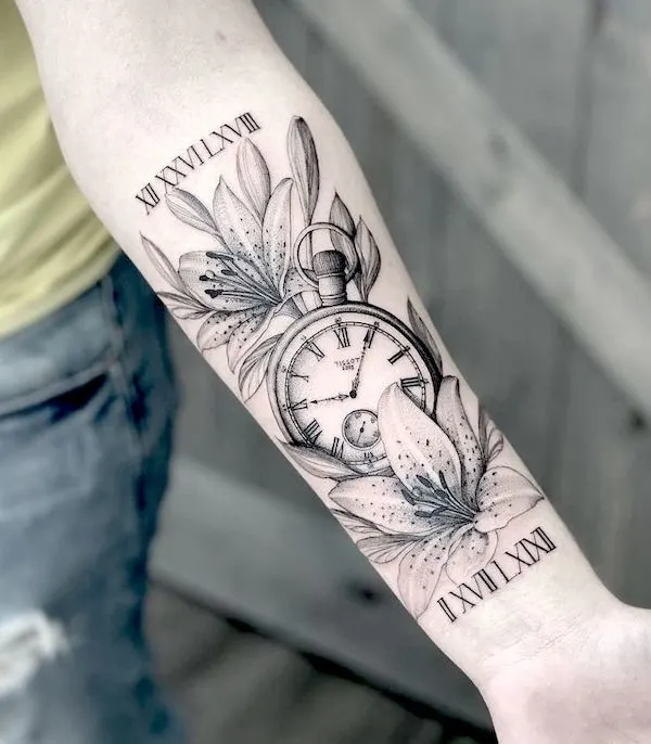 Flowers and clock tattoo by @davidbaisatattoos