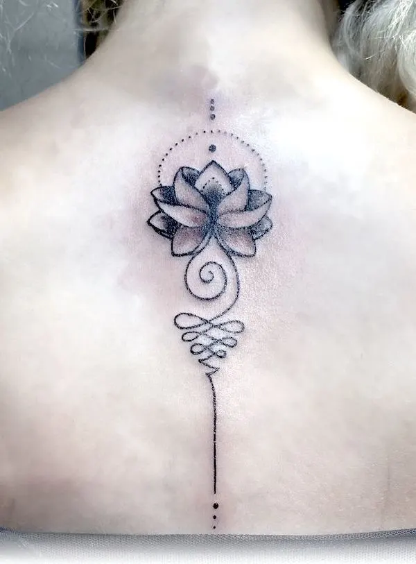 Lotus and unalome symbol back tattoo by @varni_tattoo- Lotus flower tattoos with meaning