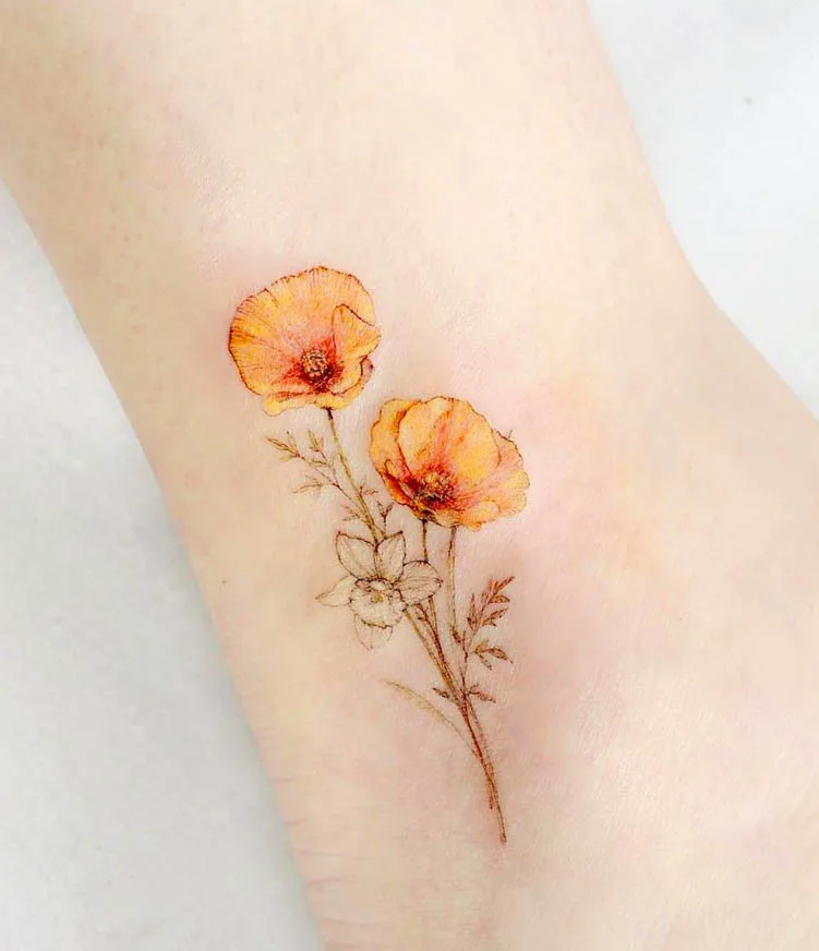 Orange poppies with White Daffodil ankle tattoo by @tattooist_flower
