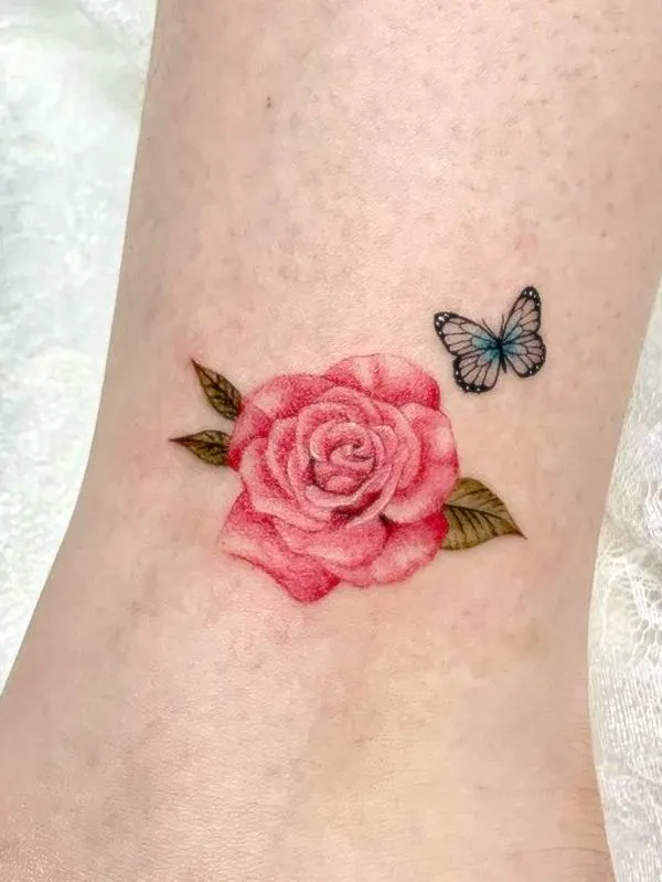 Pink rose and butterfly tattoo by @pchantattoo - Rose tattoos with meaning
