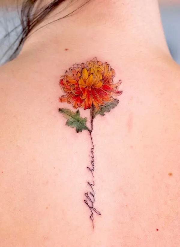 Red and yellow chrysanthemum back tattoo by @danielle.camurca- Chrysanthemum flower tattoos with meaning