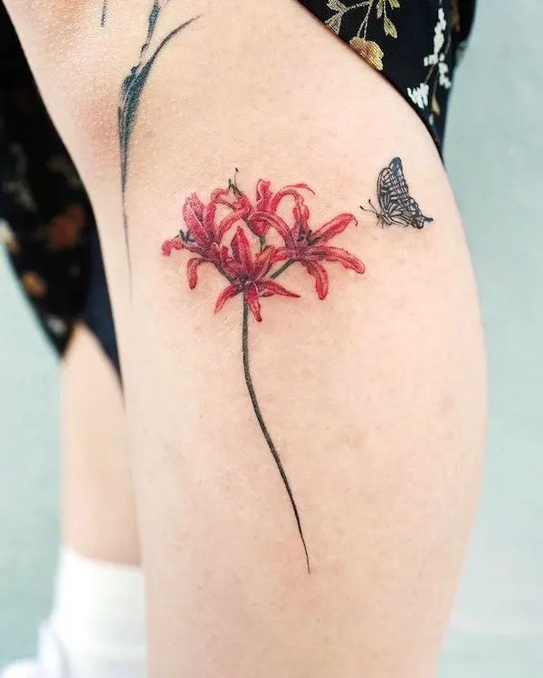 Red spider lily and butterfly tattoo by @tattooist_yun -Red spider lily flower tattoos with meaning