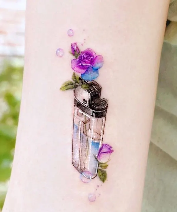 Watercolor roses and lighter tattoo by @songe.tattoo