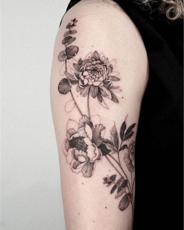 Chrysanthemum sleeve tattoo by @_lazylax_ - Chrysanthemum flower tattoos with meaning
