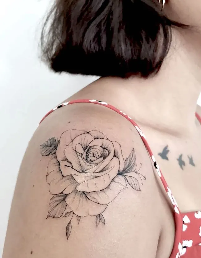 Japanese Rose Flowers Tattoos On Left Shoulder