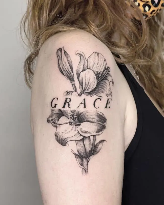 Grace one_word flower tattoo by @novemberoakbranch