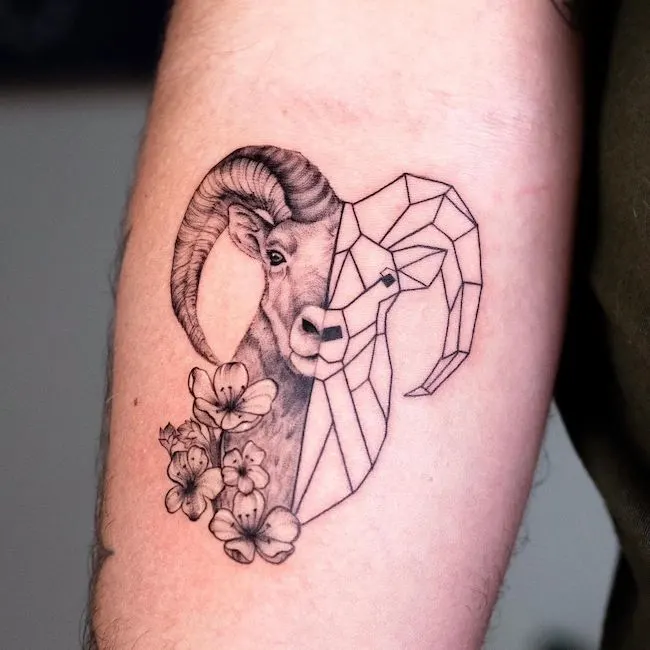 Half real half geometric Aries tattoo by @danielle.camurca