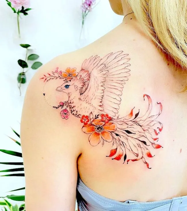 Phoenix shoulder blade tattoo by @deni_teckuje