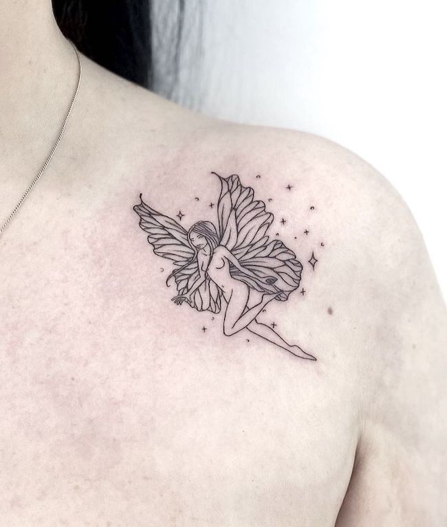 Sparkling fairy front shoulder tattoo for women by @hailey_blossom