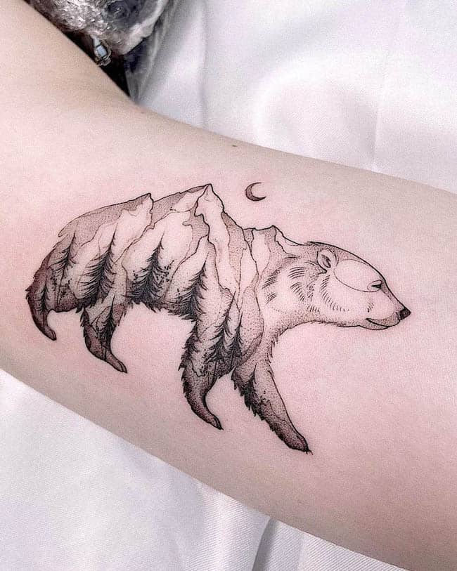 Bear and landscape tattoo about strength by @spikaprofile