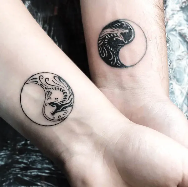 Dragon wrist tattoos for couples by @mel.tattooer