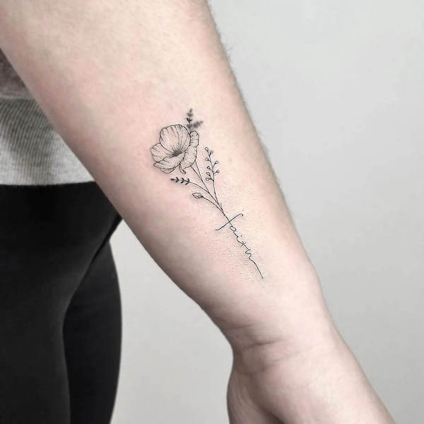 Poppy and "faith" wrist tattoo by @cado.tattoo