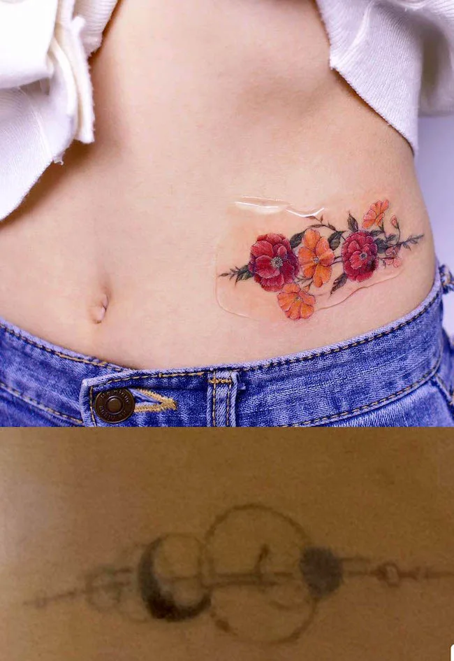 Beautiful cover-up tattoo on the waist with flowers by @yerae_tt