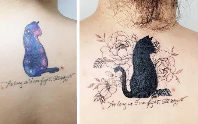 Black cat nape cover up tattoo by @carlagalvaotattoo- Clever and stunning cover-up tattoos